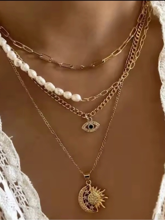 None Jewelry - Gold Muti-Layered Pearl & Charm Necklace Set
